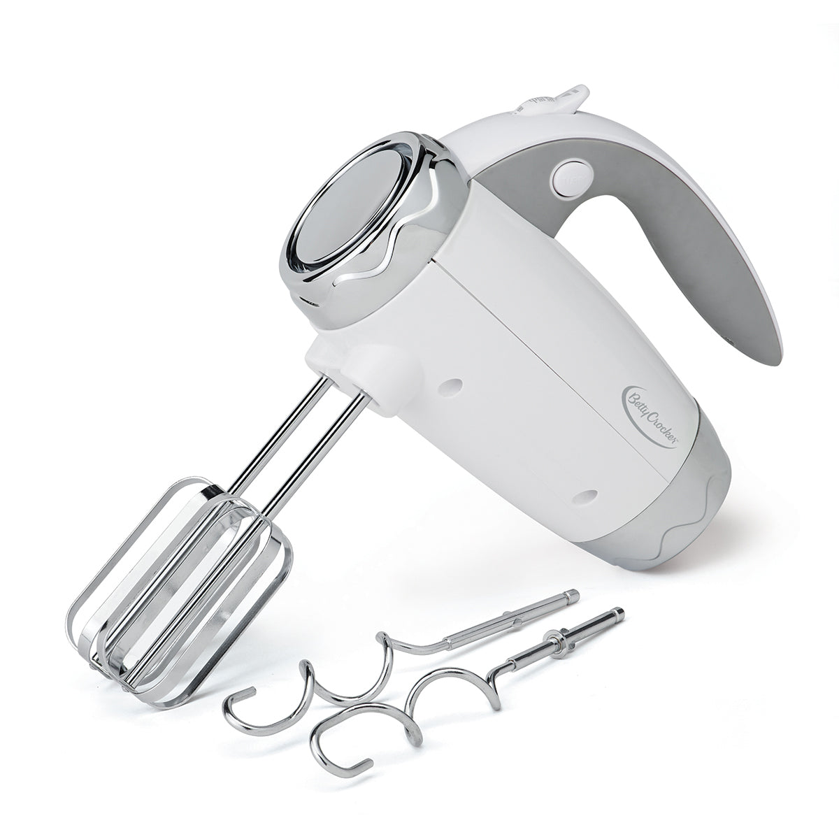 BETTY CROCKER Hand Blender 7 Speed, 250 Watt Electric Mixer with Beaters  and Dough Hooks, Ergonomic, with Stand and Soft Touch Handle, Silver